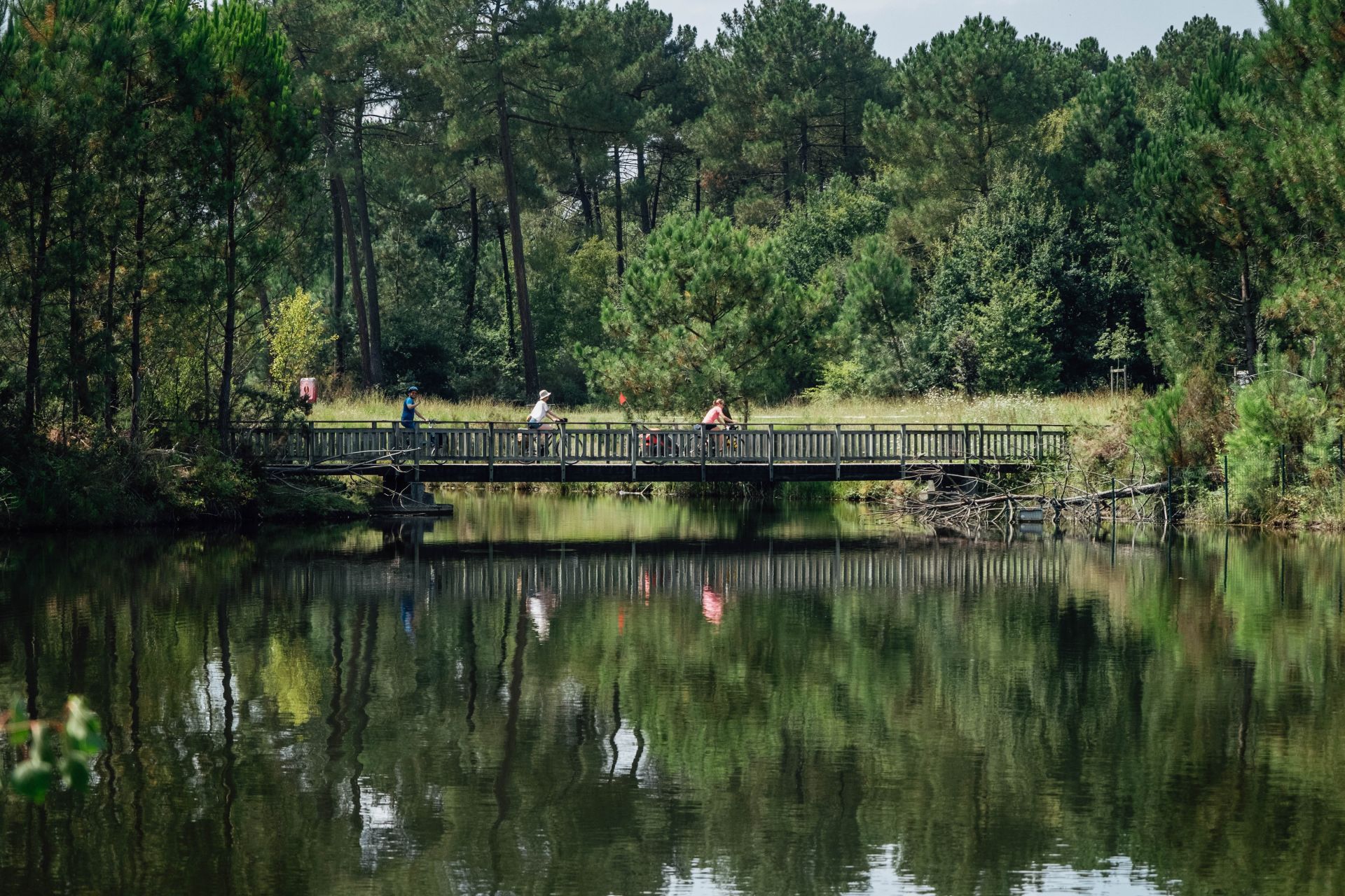 Cette photo met en avant un point d'eau ainsi qu'un petit pont que traverse ce point d'eau. 