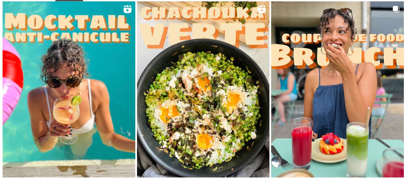 Three food and beverage lifestyle images: left shows a woman in a swimming pool holding a mocktail with lime and anti-colic text overlay; center displays a colorful vegetable fried rice dish with eggs and fresh herbs in a black pan; right features a smili