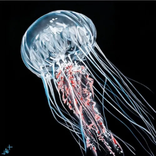 Transparent jellyfish with white bell and red and black tentacles floating on black background, street art piece at Bordeaux's Musée Mer Marine