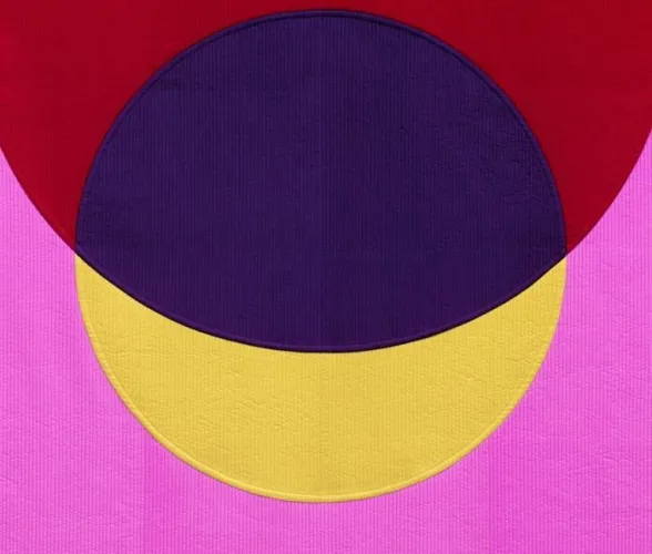 Abstract geometric composition featuring a dark blue semicircle over a yellow crescent shape, set against pink and red backgrounds, from Seulgi Lee's GORU GORU exhibition in Bordeaux.