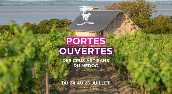 Promotional poster for the open doors event of Médoc artisan wineries near Bordeaux from July 24-26, featuring a vineyard landscape with a cellar building and estuary view.