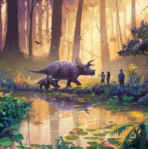 Virtual reality expedition illustration featuring explorers observing a triceratops and its calf in a prehistoric forest bathed in golden light, with a stream and lush vegetation.