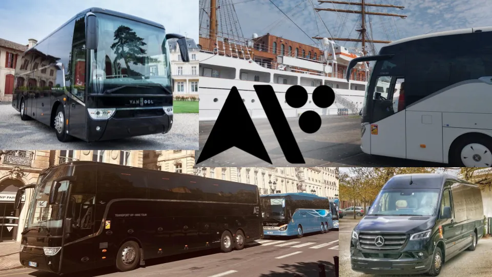 Collage featuring various coaches and buses for passenger transport, including Volvo and Mercedes vehicles, with Autocars Vincent logo in the center, showcasing transport services in Bordeaux.