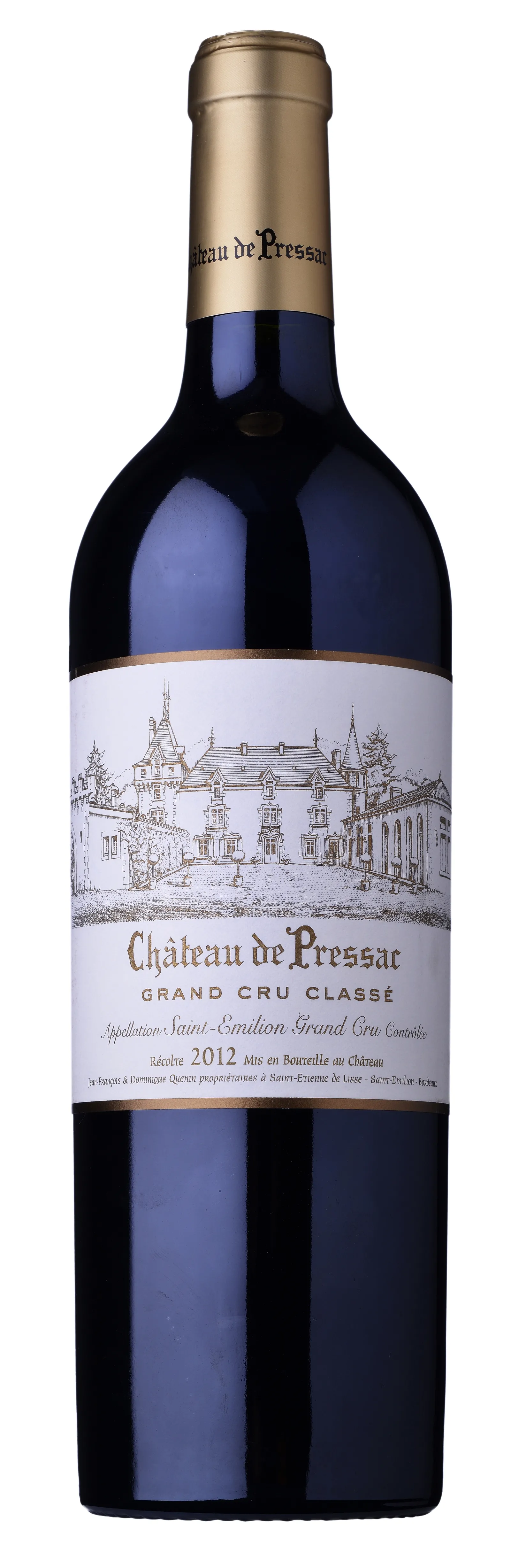 Bottle of Château de Pressac 2012 red wine, Grand Cru Classé from Saint-Émilion, featuring a château illustration on the label and gold capsule.