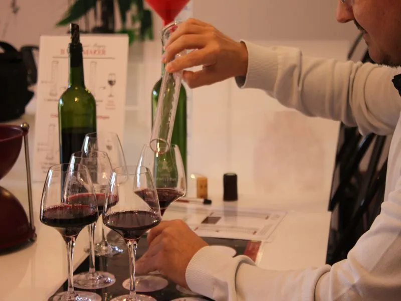 Wine tasting in Bordeaux: a person pours red wine into glasses during a professional tasting session with tasting notes and wine bottles.