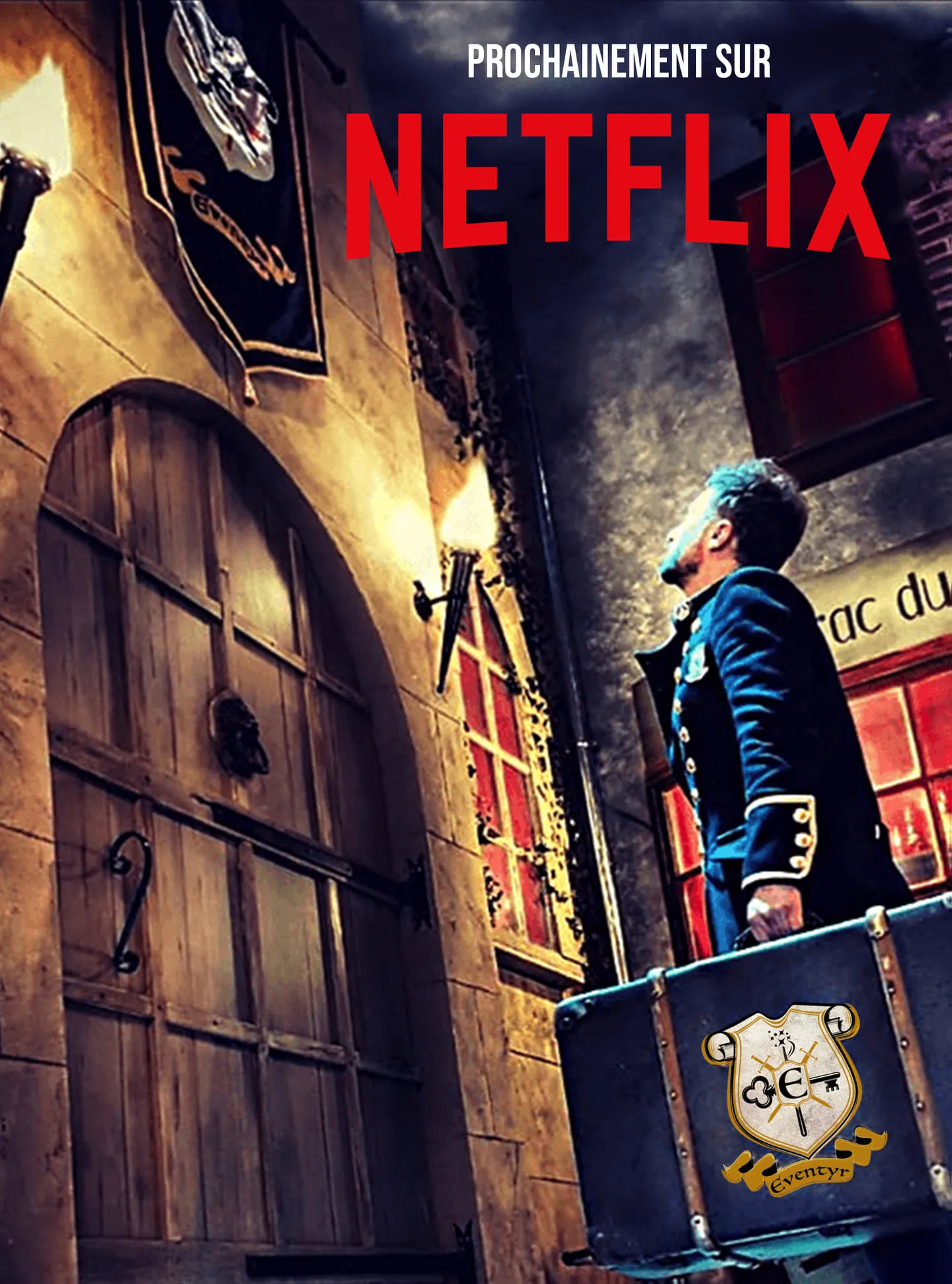 Netflix poster featuring a man in blue suit standing on a balcony in a historic Bordeaux alley with old architecture and neon signs, text reading 'Coming Soon on Netflix'