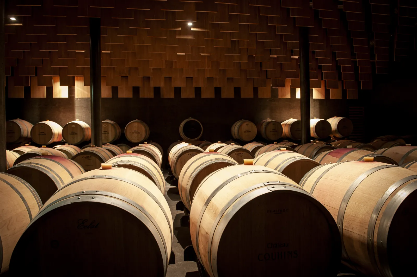 Aging cellar at Château Couhins in Bordeaux featuring rows of wooden oak barrels stored under a brick ceiling with modern lighting