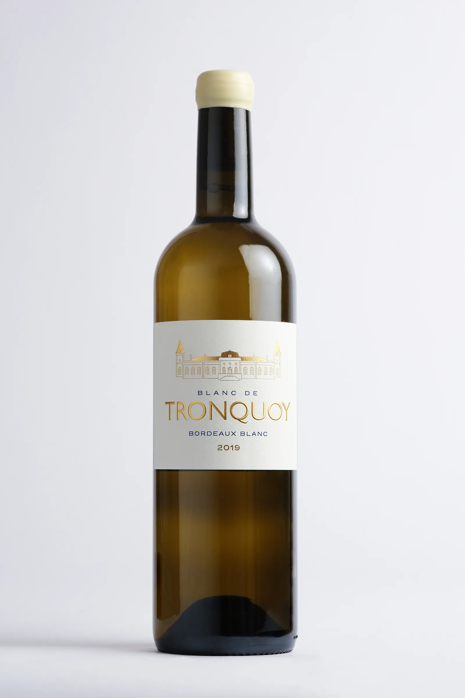 Bottle of Blanc de Tronquoy white wine, Bordeaux blanc vintage 2018, from Château Tronquoy in Bordeaux
