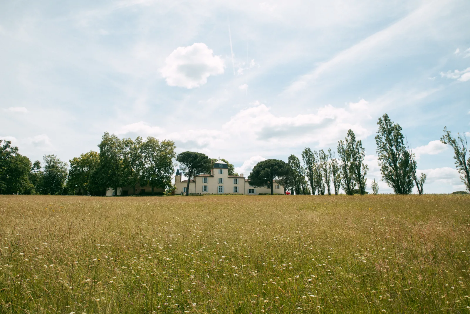 View of Domaine de Malagar, a pale yellow manor house surrounded by poplar trees, standing in the middle of a grain field under a partly cloudy sky.