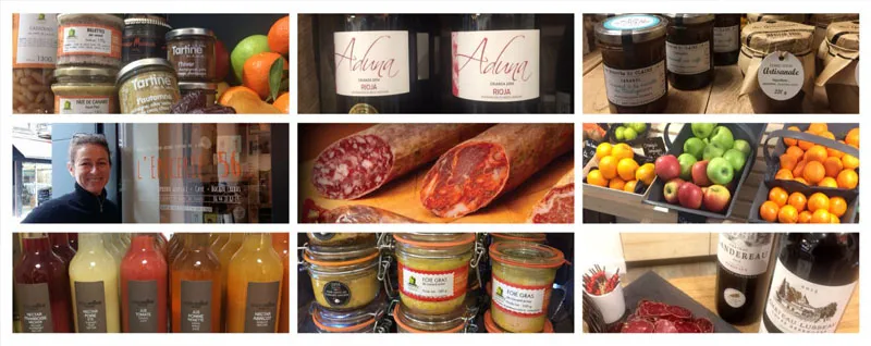 Collage showcasing Epicerie 56's products and atmosphere in Bordeaux: canned goods and condiments, local wines, cured meats, fresh produce, artisanal juices and beverages, pasta and regional specialties, and shopkeeper portrait.