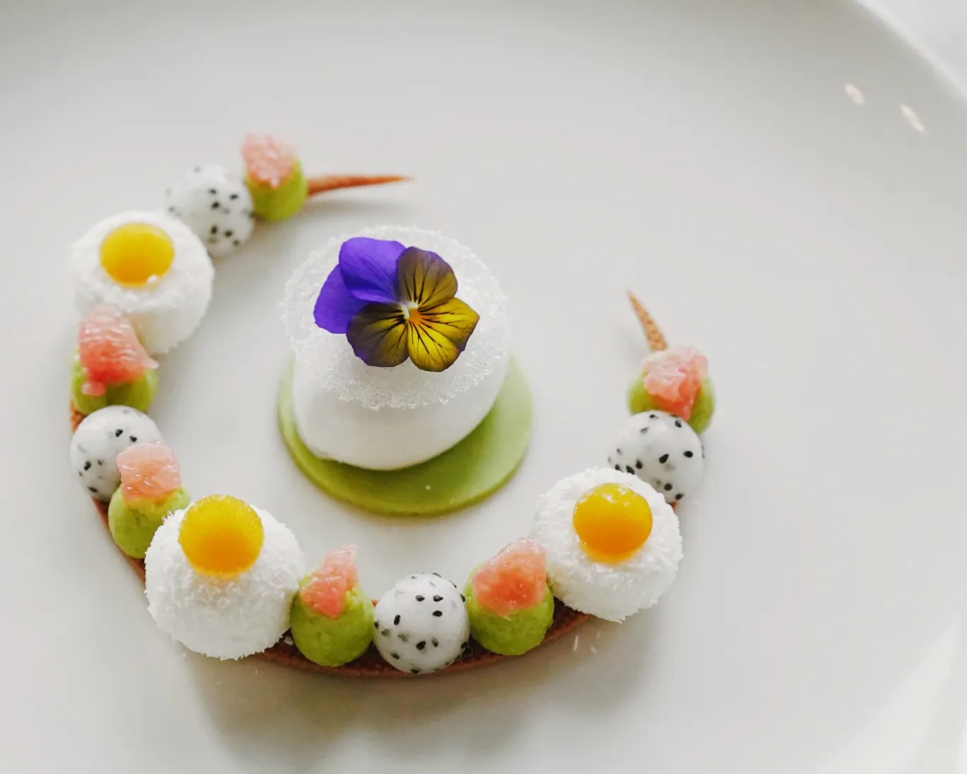 Creative gourmet plating featuring miniature desserts arranged in a circle around a central white and green cake topped with a purple and yellow flower, with exotic fruits, sugar pearls, and floral elements.