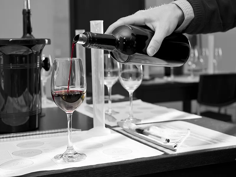 A sommelier pours red Bordeaux wine into a wine glass during a professional tasting session.