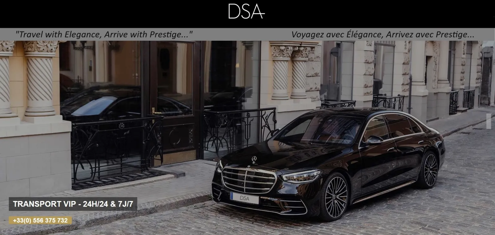 Luxury black sedan parked in front of a Haussmann-style building in Bordeaux, DSA VIP transport service available 24/7