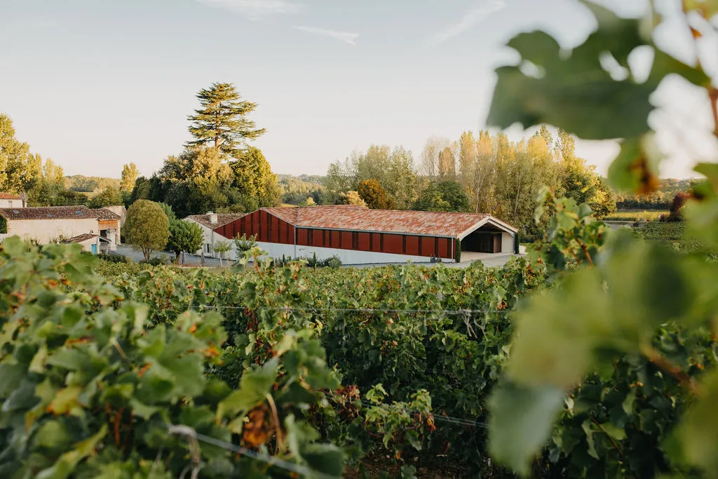 Rol Valentin Château in Bordeaux featuring red-roofed buildings surrounded by vineyards with trees in the background