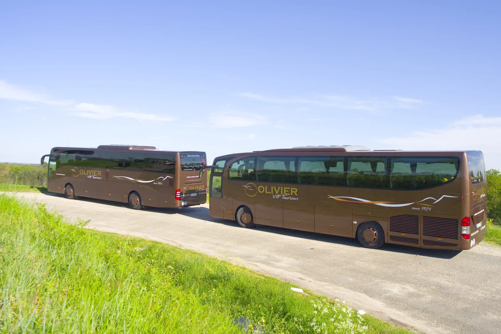 Two brown Olivier VIP Tourisme coaches parked on a rural road near Bordeaux, with green fields in the background.