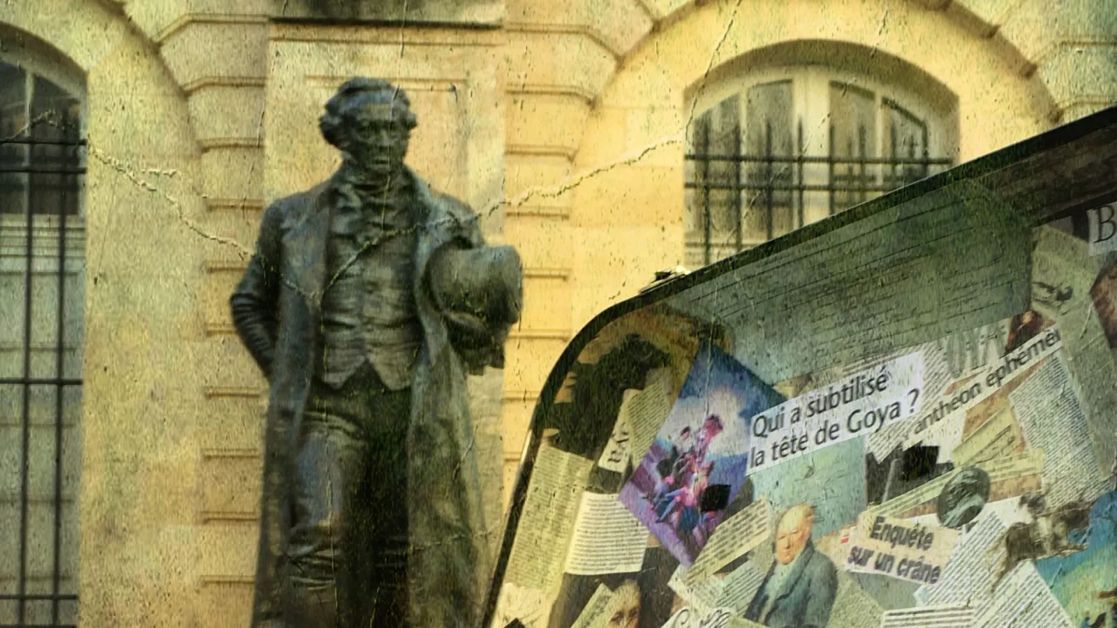 Bronze statue of a 19th-century dressed man in front of a yellow stone facade in Bordeaux, with historical newspapers displayed behind