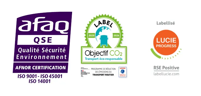 Certification logos for quality and environmental standards: AFAQ QSE (ISO 9001, ISO 45001, ISO 14001), Objectif CO2 label for eco-responsible transport, LUCIE Environment RSE Positive of Citram Aquitaine in Bordeaux
