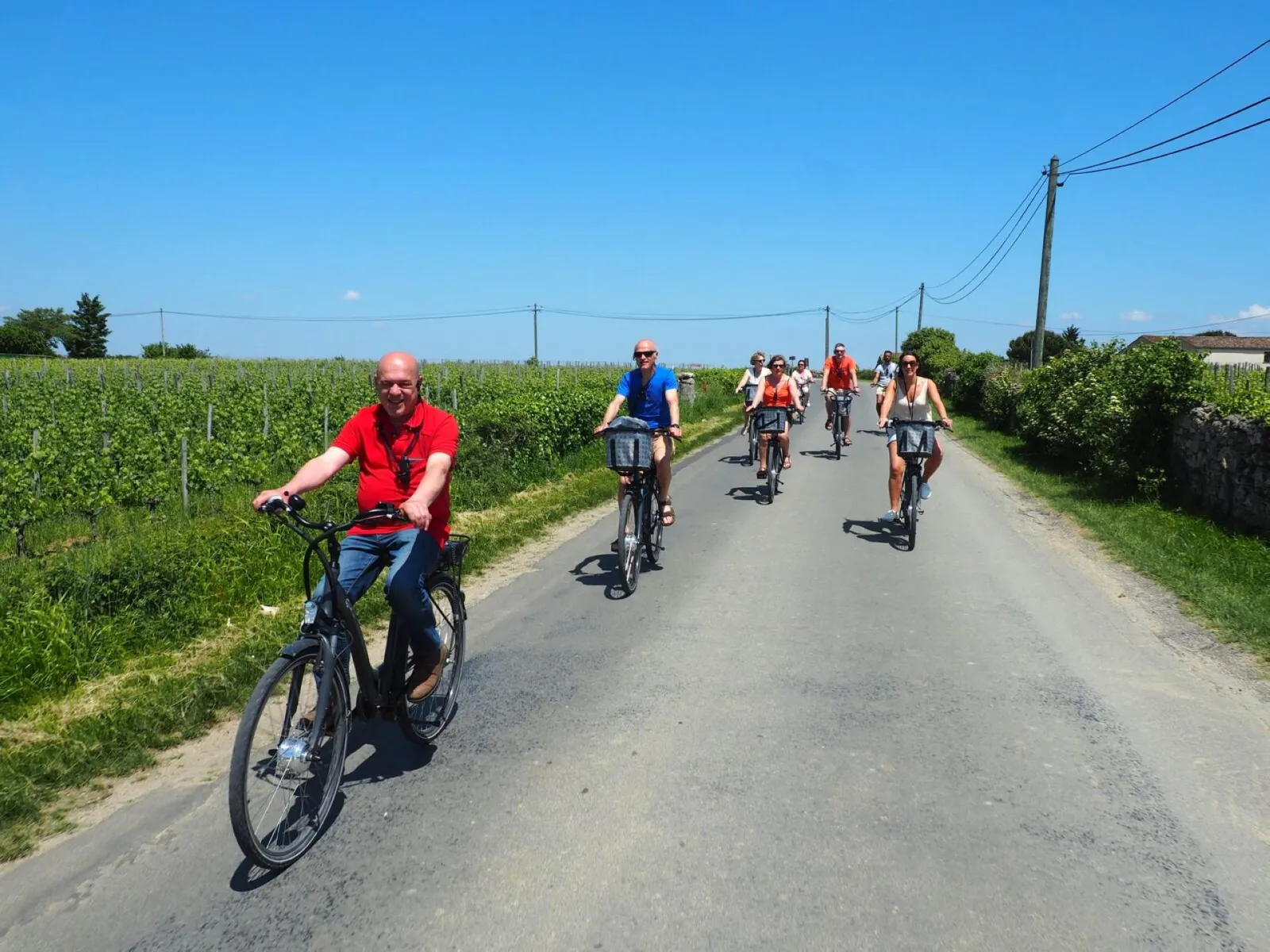 Group of cyclists riding on a rural road surrounded by vineyards in the Bordeaux region on a sunny day.