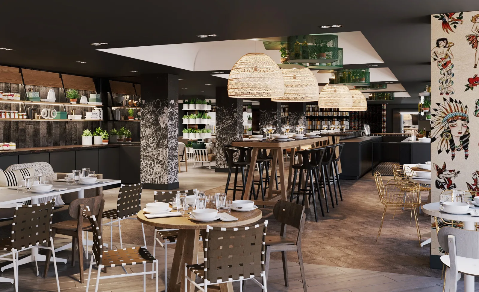 Modern restaurant interior featuring a central wooden bar, round and high dining tables, designer chairs, natural rattan pendant lights, decorative patterned columns, wall shelving, contemporary ceiling with skylight and greenery, at Bordeaux's Les Décant