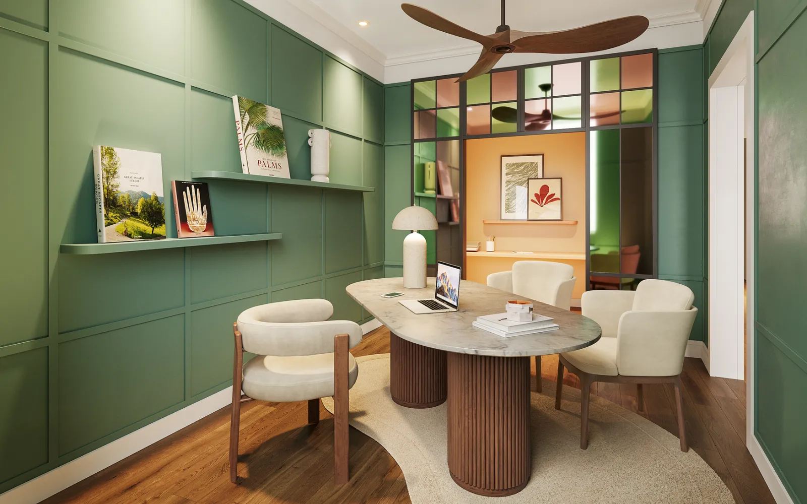 Elegant reception area of Clos Huguerie in Bordeaux featuring sage green walls, cream-colored furniture, marble oval table, wooden chairs, decorative shelves, wooden ceiling fan and access to an adjacent ochre-toned lounge.