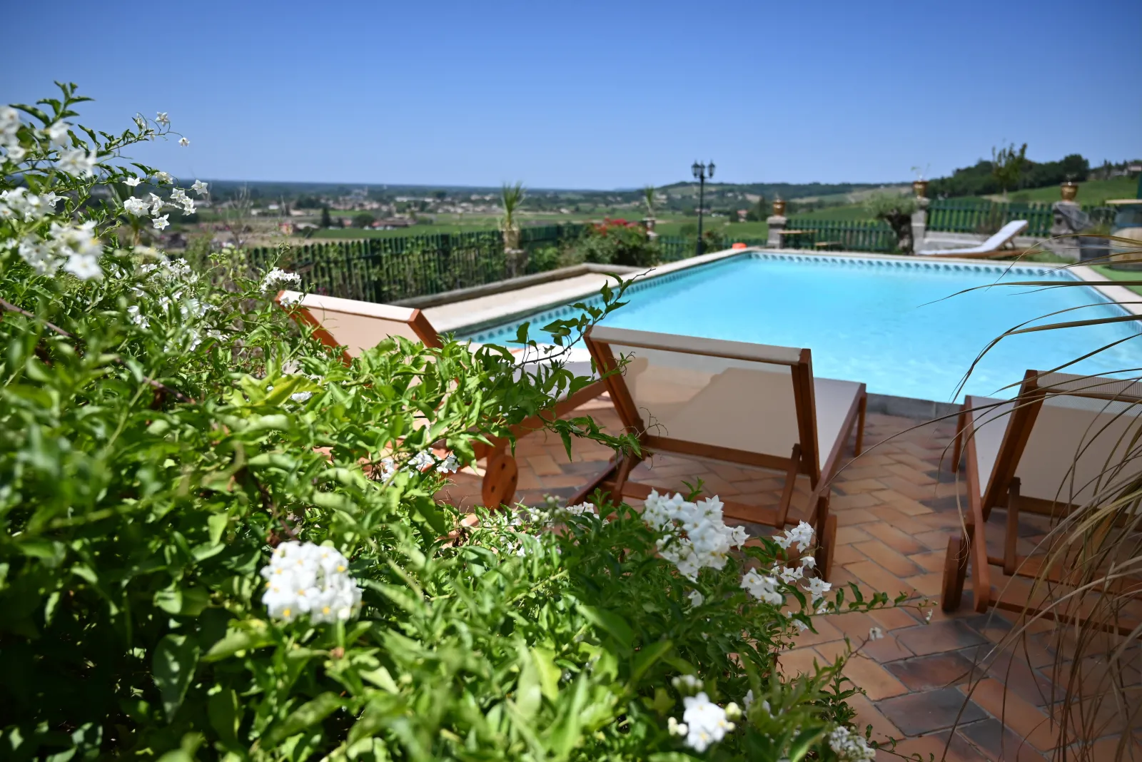 Sunny view of a turquoise swimming pool surrounded by wooden loungers, white flowers, and vineyards, with the Bordeaux landscape in the background.