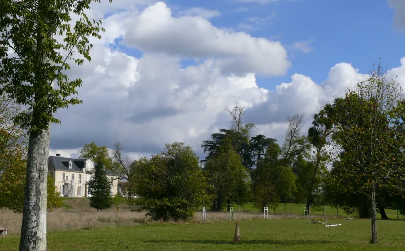 View of the Burthe Estate near Bordeaux featuring a white 19th-century manor house surrounded by lawns, trees, and a tree-lined avenue under a cloudy sky.