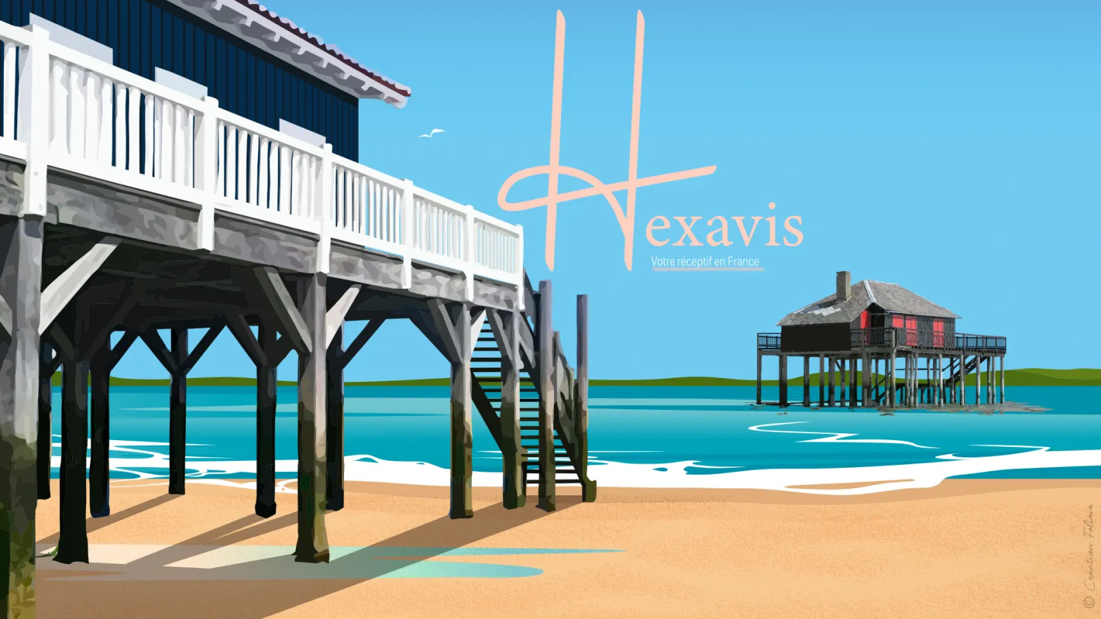 Illustration of French coastal beaches featuring traditional stilt beach houses and the Hexavis logo, your reception in France