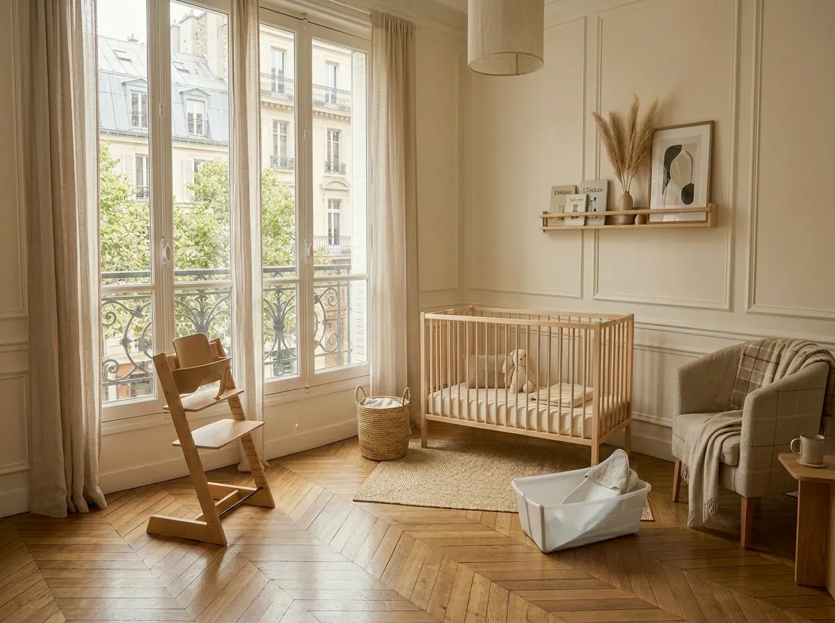 Elegant nursery room in Bordeaux featuring a natural wood crib, high chair, beige armchairs, French windows overlooking Haussmann buildings, herringbone parquet flooring and minimalist decor.