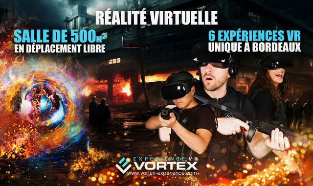 Three people wearing virtual reality headsets in a 500m² immersive room with fire and energy visual effects, showcasing the 6 unique VR experiences offered by Vortex Experience in Bordeaux.