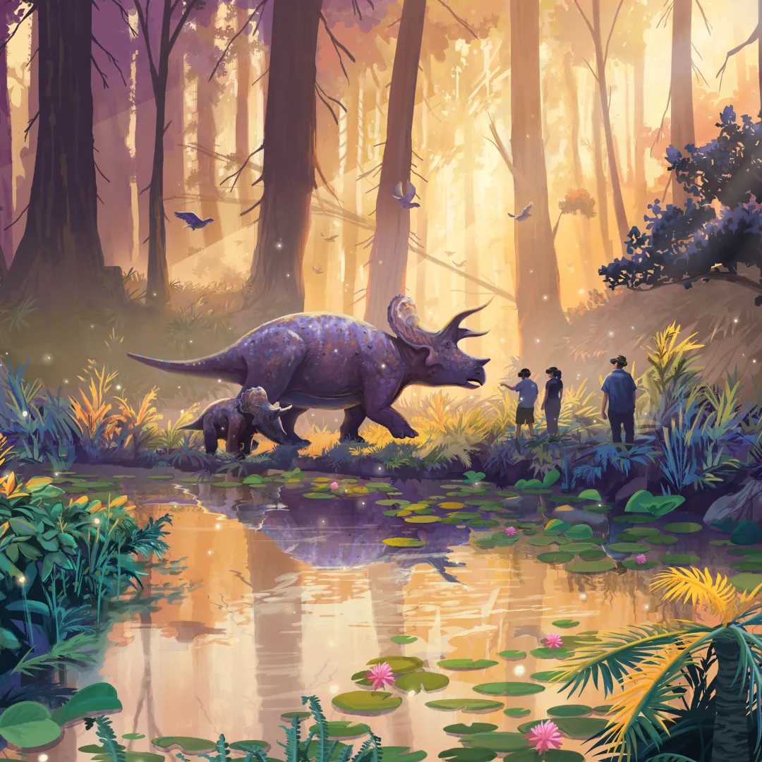 Fantasy illustration of a majestic triceratops in an enchanted forest bathed in golden light, with humans observing the prehistoric creature near a pond surrounded by lush vegetation.