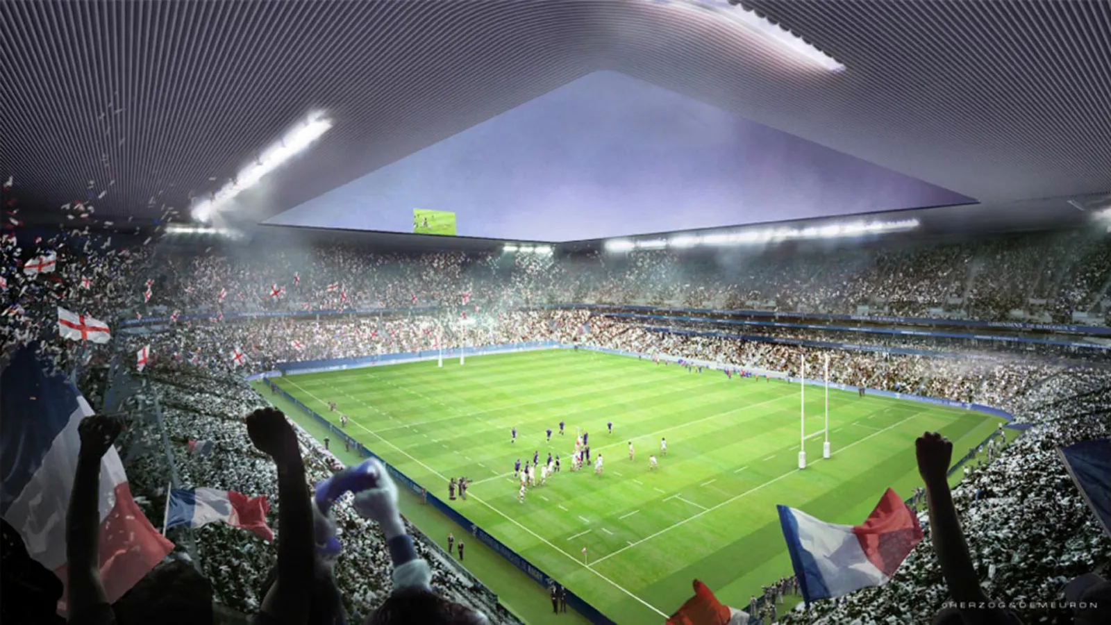 Interior view of Stade Atlantique Bordeaux Métropole filled with spectators during a rugby match, with French and English flags visible in the stands, green pitch and modern roof structure.