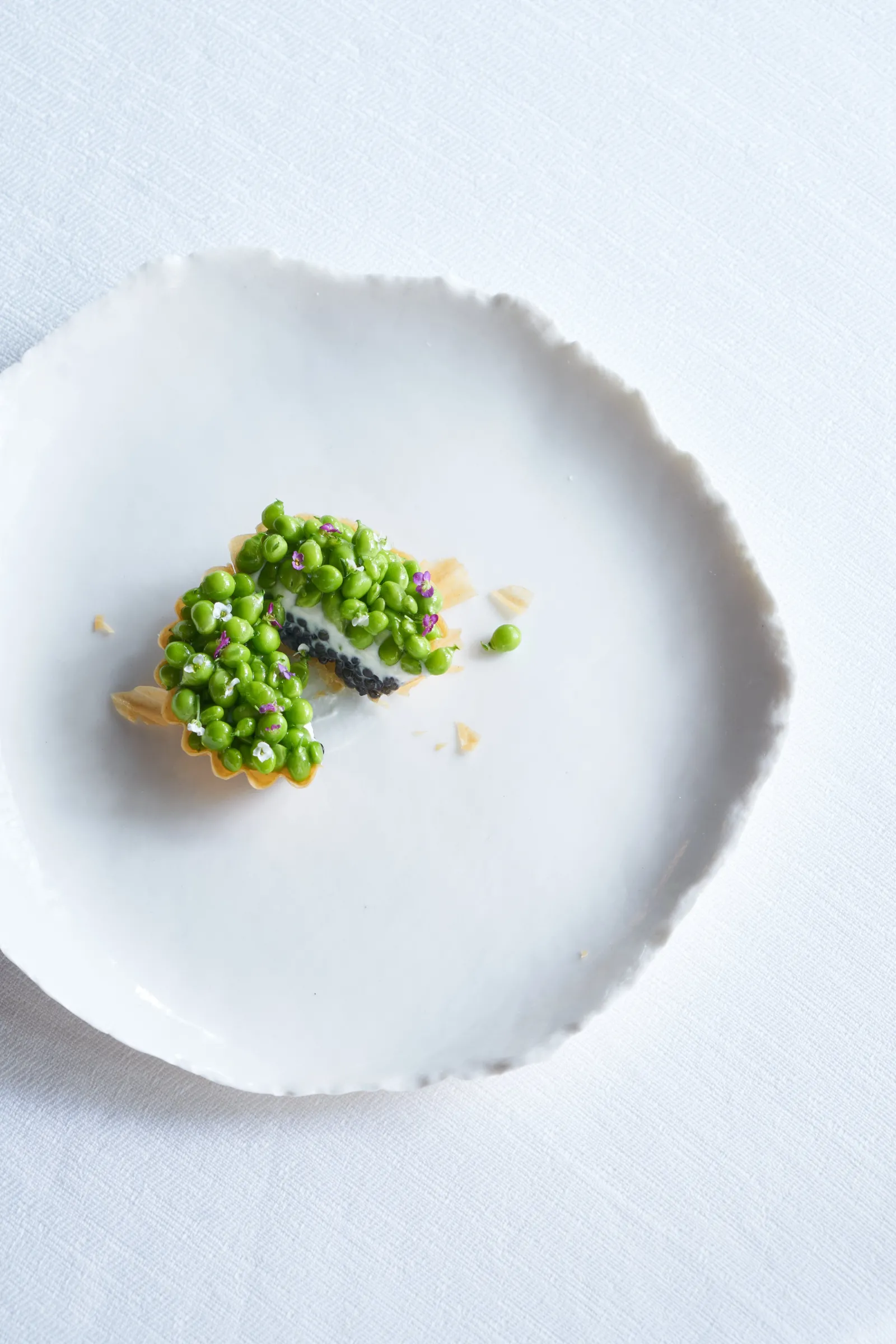 Minimalist white plate featuring a cluster of green peas with smoked fish and golden crumbs, gourmet service from La Grand'Vigne in Bordeaux