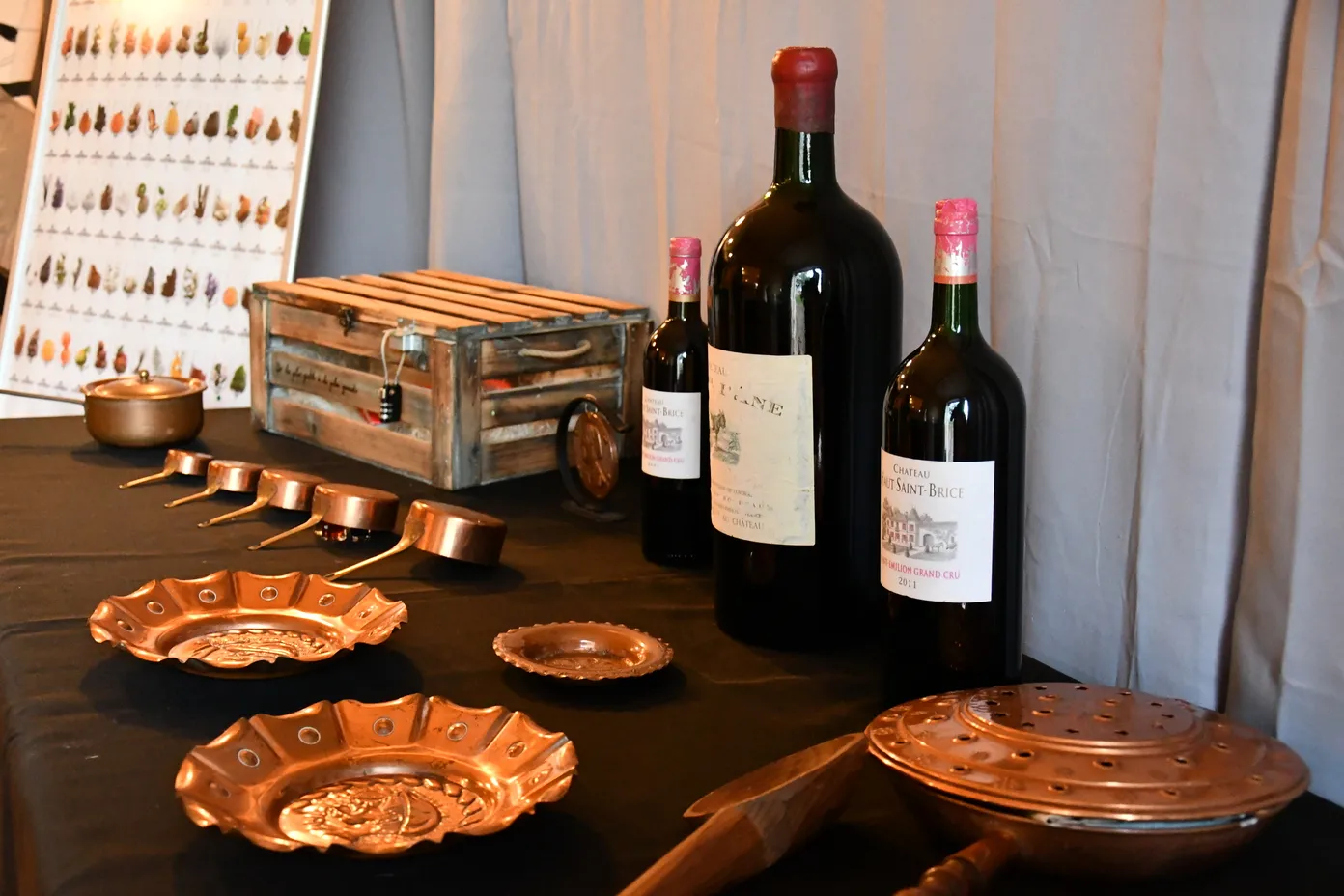 Wine tasting display featuring three Bordeaux wine bottles, copper decorative objects, a vintage trunk, tasting glasses, and a wine color reference chart