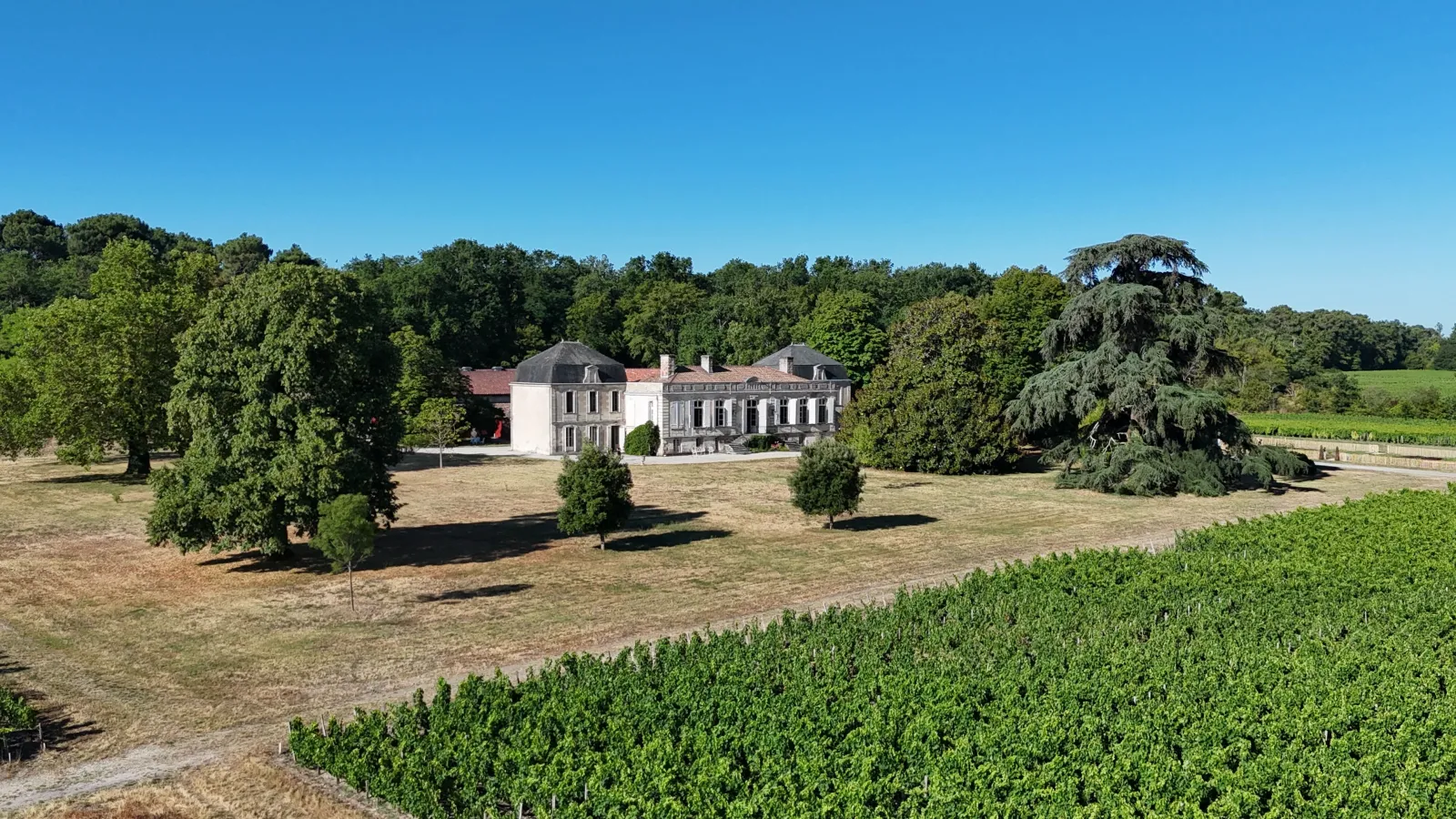 Picque Caillou Château near Bordeaux, an 18th-century manor house surrounded by vineyards and ancient trees