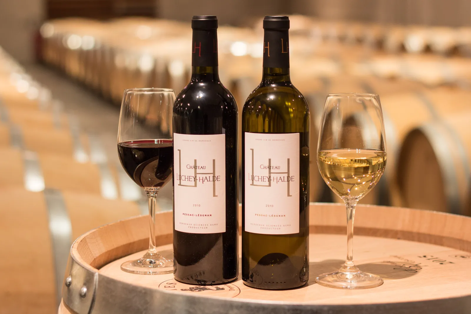 Two bottles of Château Luchey-Halde (Pessac-Léognan 2010) with filled red and white wine glasses displayed on a wooden barrel in a Bordeaux wine cellar.