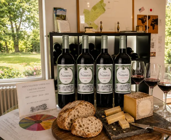 Vertical wine tasting of Château Siaurac: four bottles of vintages (2007, 2010, 2016, 2022) displayed with bread, cheese, filled wine glasses and tasting notes, overlooking a green garden.