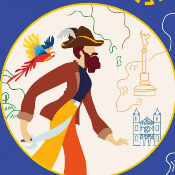 Illustration of an adventurer woman holding a flashlight with a colorful parrot and Bordeaux landmarks including the cathedral and street lamp on a blue background.