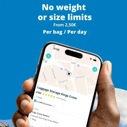 Smartphone screen showing Radical Storage app displaying a luggage storage location at Kings Cross with no weight or size limits starting from €2.50 per bag per day