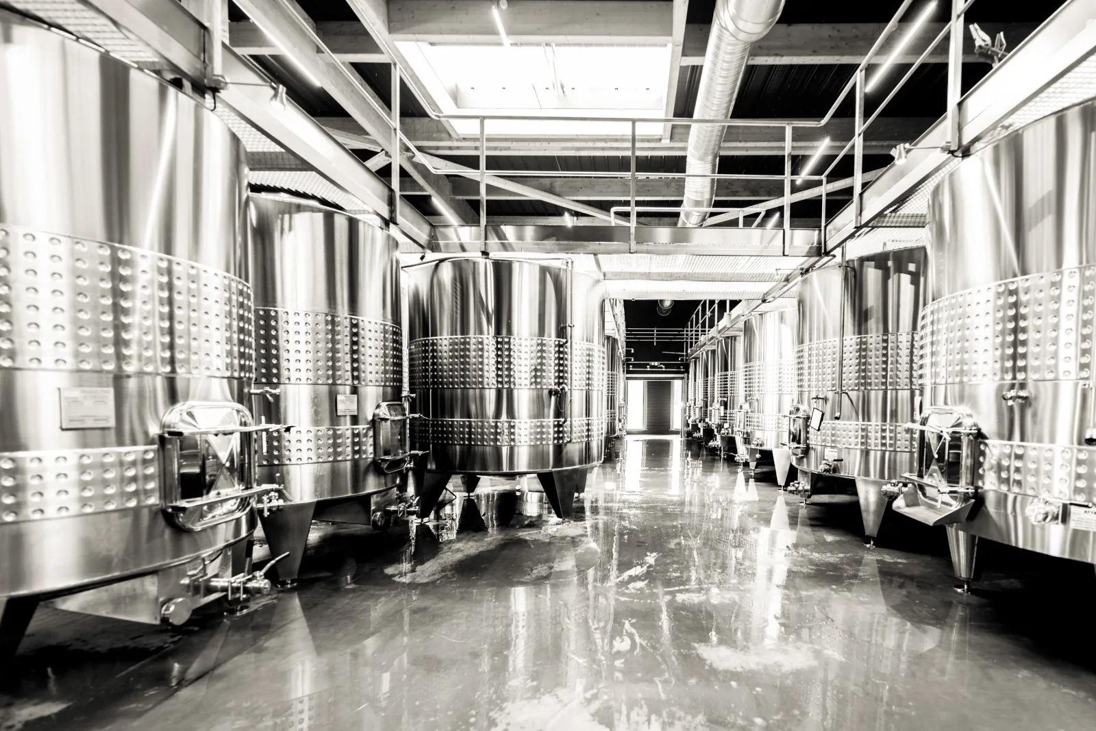 Interior of a modern winery featuring rows of stainless steel fermentation tanks aligned symmetrically, reflective polished floor, industrial ceiling with ventilation ducts, at Château d'Arche in Bordeaux.
