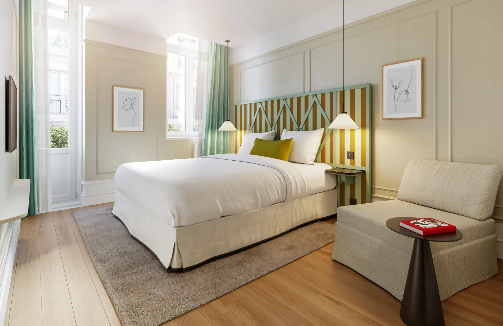 Elegant bedroom at Clos Huguerie in Bordeaux featuring a cream and yellow king-size bed with geometric headboard, city-view windows, beige armchair, and minimalist decor.