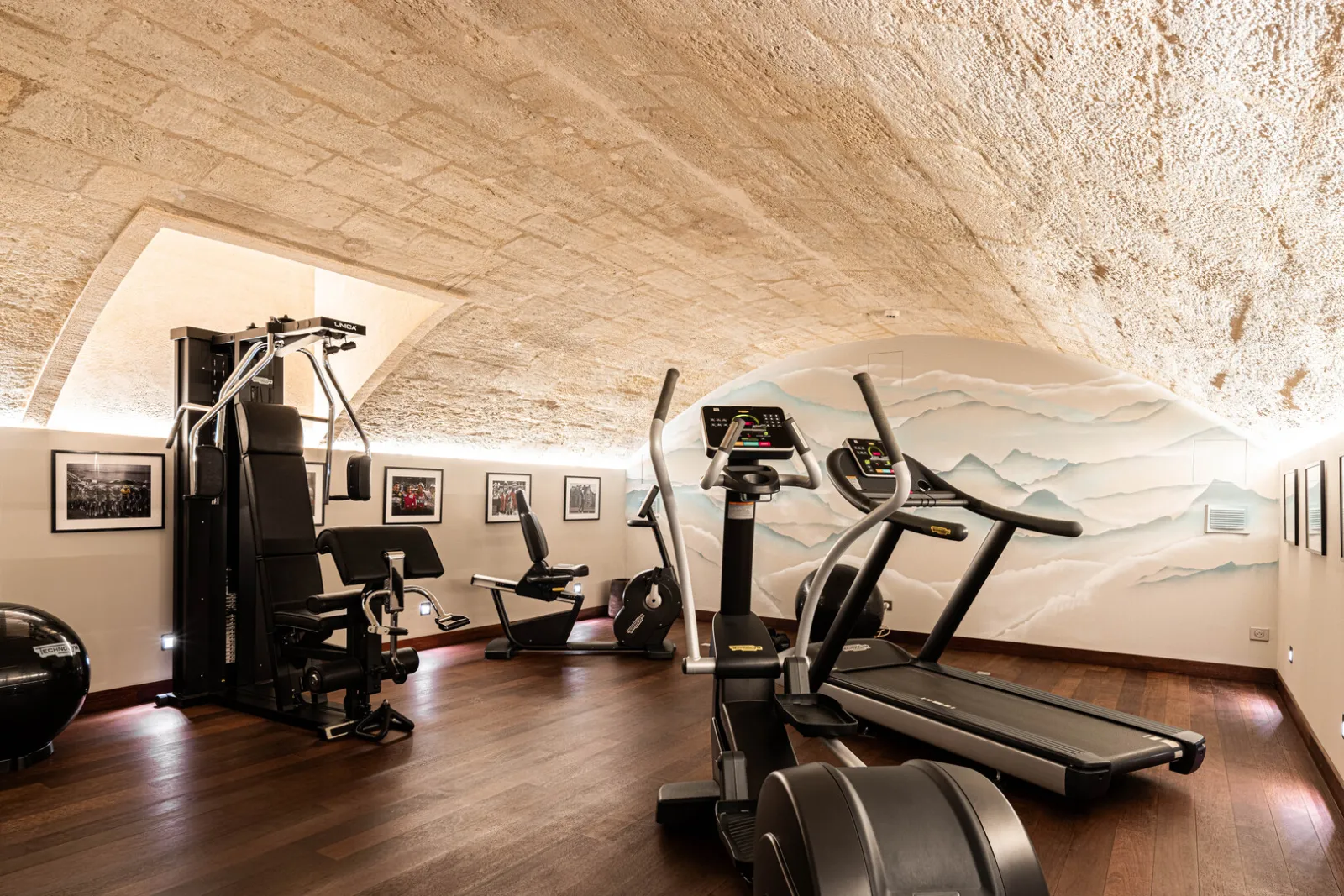 Underground fitness room with exposed stone ceiling, equipped with treadmill, elliptical bike, weight machine and framed photographs on the walls, at Hôtel Villas Foch in Bordeaux.