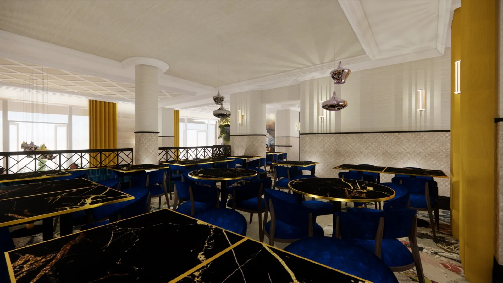 Elegant gaming room at Bistro des Vignes in Bordeaux featuring black and gold marble tables, blue chairs, white columns, pendant lights and luxury décor