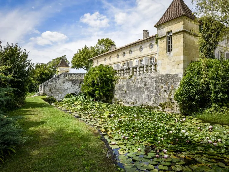 Château Beauregard in Bordeaux featuring stone facades, pointed tower, and water lily pond in the foreground, surrounded by lush greenery