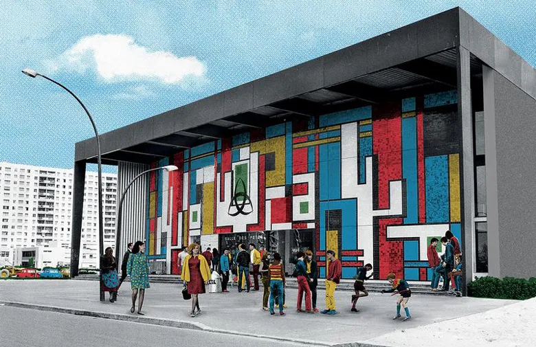 The Grand Parc Festival Hall in Bordeaux, a modern building with a vibrant geometric façade in red, blue, yellow and white, surrounded by residential apartments, with children playing in front of the entrance.