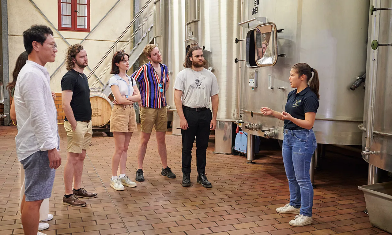 A group of visitors listens to a tour guide in a wine cellar with stainless steel fermentation tanks at Château Haut Breton Larigaudière in Bordeaux.