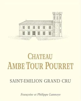 Wine label for Château Ambe Tour Pourret, a Saint-Émilion Grand Cru, featuring an architectural drawing of the château with its distinctive tower and the owners' names Françoise and Philippe Lamoye.