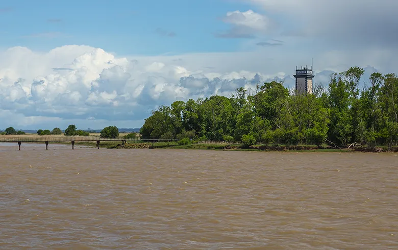 View of the Garonne river with Patiras island, its trees and vegetation, a watchtower in the background, and cloudy sky near Bordeaux