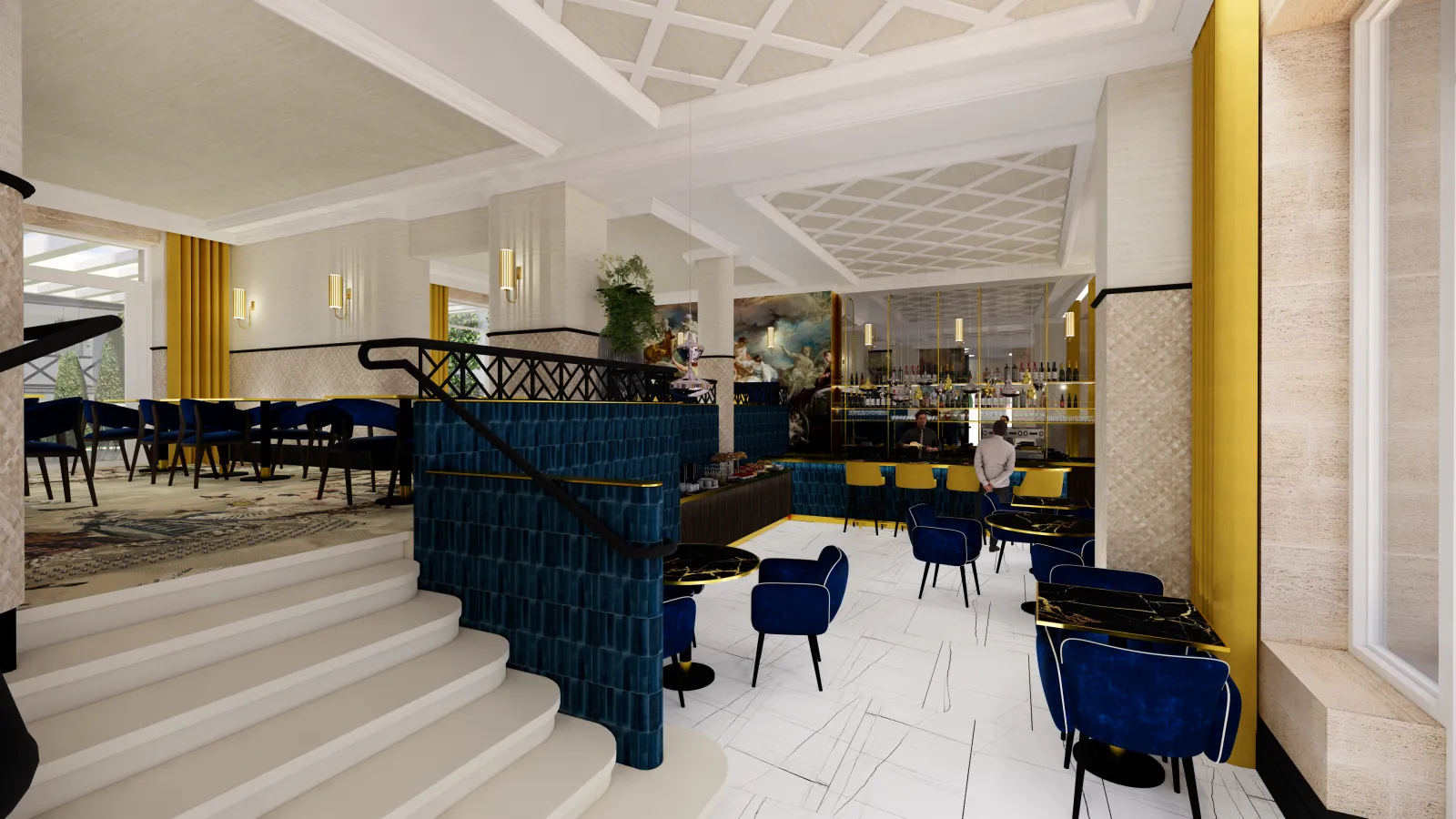 Modern bistro interior in Bordeaux featuring white coffered ceiling, blue and yellow chairs, blue marble counter, white columns, curved staircase and elegant bar in the background