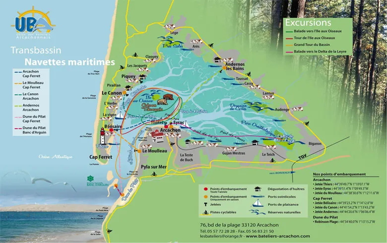 Tourist map of Arcachon Bay in Transbassin region displaying maritime shuttles, boarding points, excursions (Bird Island cruise, Bird Island tour, Grand Bay tour, Leyre Bank cruise) and major attractions including Arcachon, Cap Ferret, Dune du Pilat and n