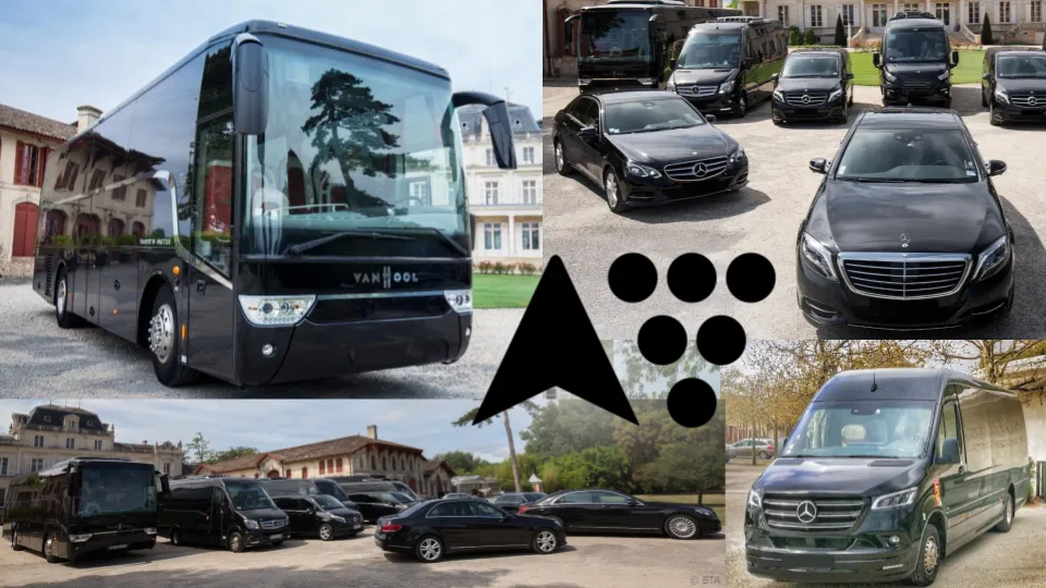 Fleet of premium transport vehicles in Bordeaux including luxury coach, Mercedes sedans, and minibus for tourist and business transfers.